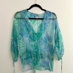 Sheer Green and Blue Silk Floral Blouse